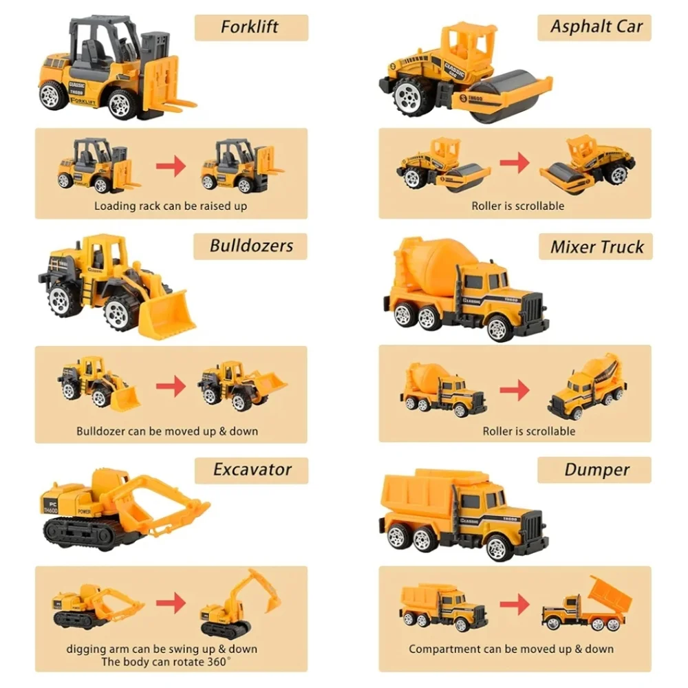 6 Pcs Mini Die Cast Car Set 1/64 Scale Alloy Construction Trucks - NIB